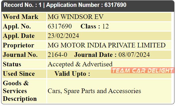 MG Windsor EV Trademark